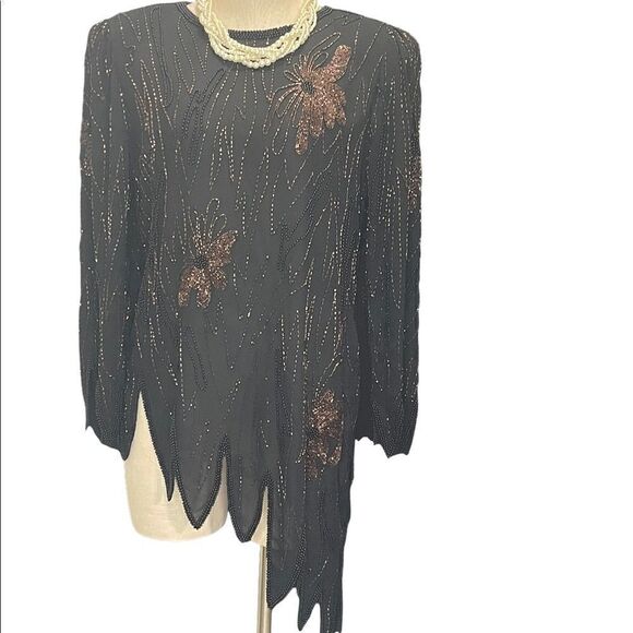 Chic Vintage Black Beaded High-Low Blouse by Jack Bryan - Picture 1 of 3